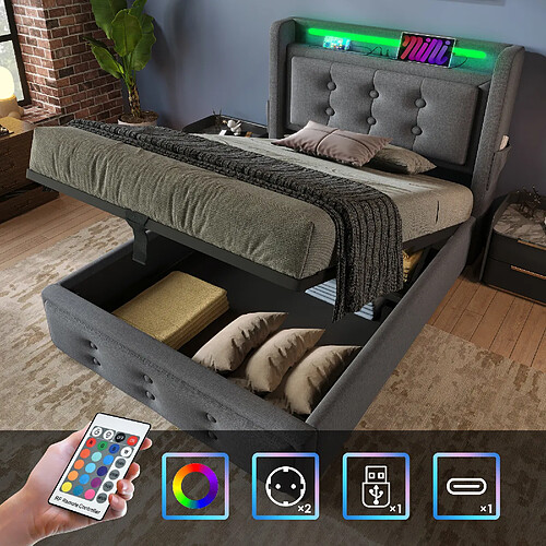 Blossom Paris Lit capitonné 90x200, simple avec tête LED et USB C, lit hydraulique avec lattes bois et cadre métal, capacité 150 kg, gris, coton