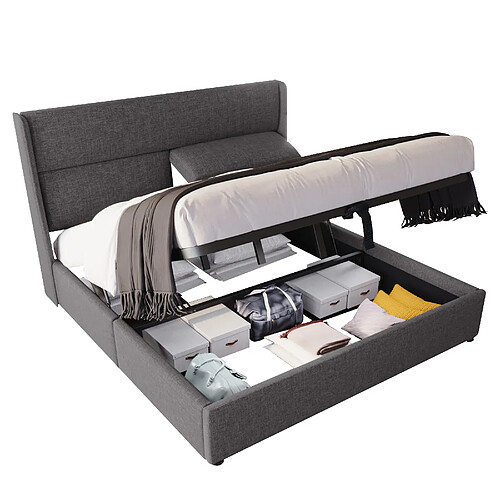 STILVORA Lit coffre rembourré en lin gris 180×200 cm avec têtière réglable, sommier à lattes métal