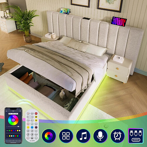 Blossom Paris Lit capitonné 160×200, double avec rangement, App Control LED et USB-C, cadre avec lattes, lin, beige, sans matelas ni table de nuit
