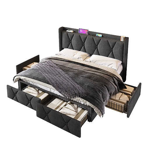 STILVORA Lit rembourré en lin gris avec tiroirs, prises & USB – couchage 140×200 cm