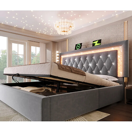 Blossom Paris Lit capitonné double 160x200 cm velours avec bande LED diamant tête, USB et Type-C, coffre hydraulique, jeunesse avec rangement, gris