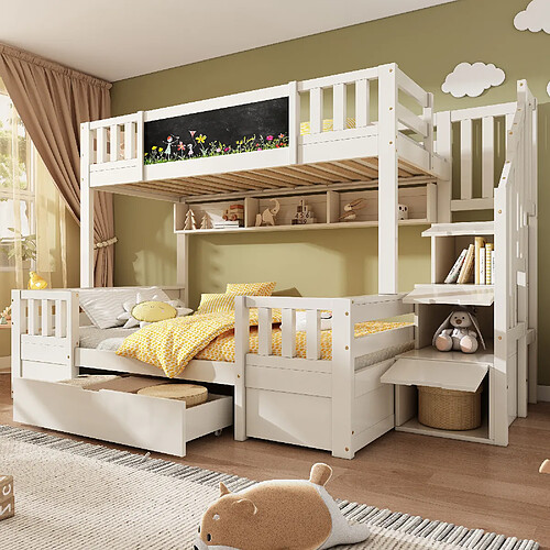 Blossom Paris Lit superposé pour 3 enfants 90x200 & 140x200 en bois massif avec tableau noir, escalier rangement, tiroirs