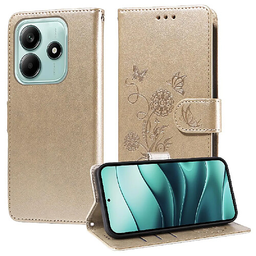 Flip Étui Pour Xiaomi Redmi Note 14 5G Fleur Fentes à cartes Flip Cuir Doré