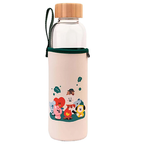 Line Friends BT21 Gourde en Verre 500ml Réutilisable Motif OUTDOOR LIFE avec Étui Blanc / Vert