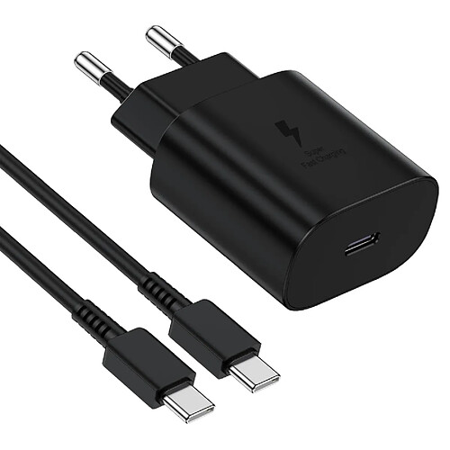 Chargeur Rapide 25W + câble 2m USB-C, Pour Samsung et Compatible Tous Smartphones USB-C - Noir