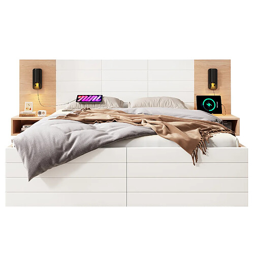 STILVORA Lit 180×200 cm en bois massif/MDF avec tiroirs, lampe de lecture orientable & USB, chêne clair/blanc