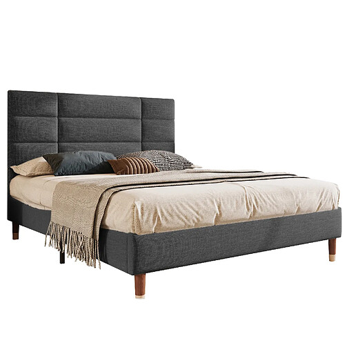STILVORA Lit rembourré en lin gris 140×200 cm avec sommier à lattes et tête de lit 8 cm