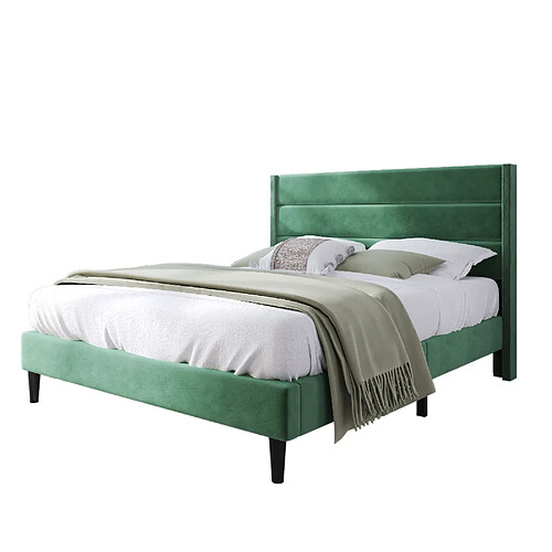 STILVORA Lit rembourré en velours vert 140×200 cm, tête de lit design & sommier à lattes inclus