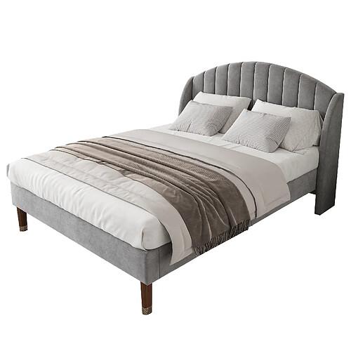 STILVORA Lit rembourré en velvet gris 160×200 cm avec sommier à lattes et tête de lit