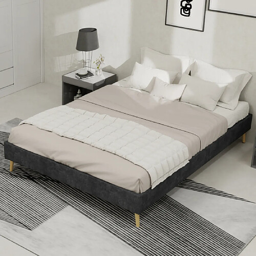 modfu Lit adulte 140x200 cm, sommier bas, en tissu, gris