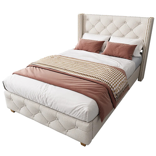 STILVORA Lit rembourré 90×200 cm en lin beige, tête de lit capitonnée à clous, avec sommier à lattes