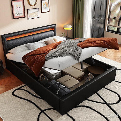 OKWISH Simili Cuir Noir et LED Intégrées - PU - Sans Matelas