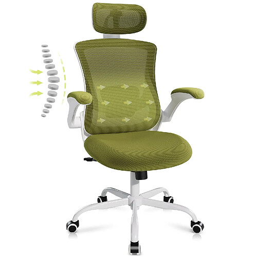 Smartue Chaises de bureau - Chaise de bureau ergonomique – Dossier haut en mesh, soutien lombaire et appuie-tête réglables, accoudoirs relevables - Vert