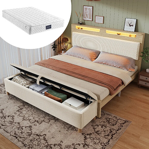 OKWISH Banc de rangement et éclairage LED intégré - MDF et corduroy - Avec Matelas