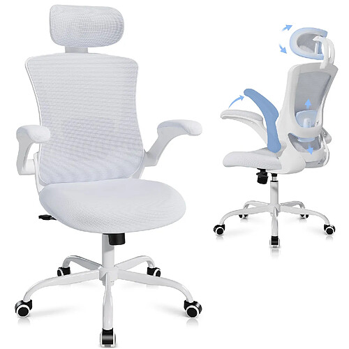 Smartue Chaises de bureau - Chaise de bureau ergonomique – Dossier haut en mesh, soutien lombaire et appuie-tête réglables, accoudoirs relevables – blanc