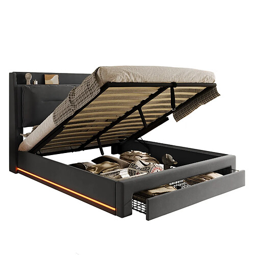 STILVORA Lit coffre hydraulique LED velours gris foncé 140×190 cm avec tiroir de rangement