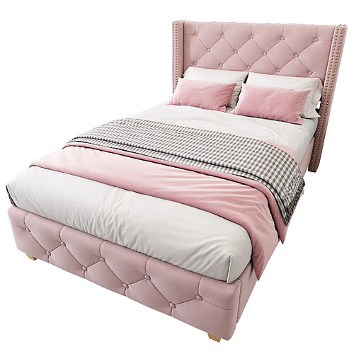 STILVORA Lit rembourré en velours rose 90×200 cm avec tête de lit capitonnée et sommier à lattes
