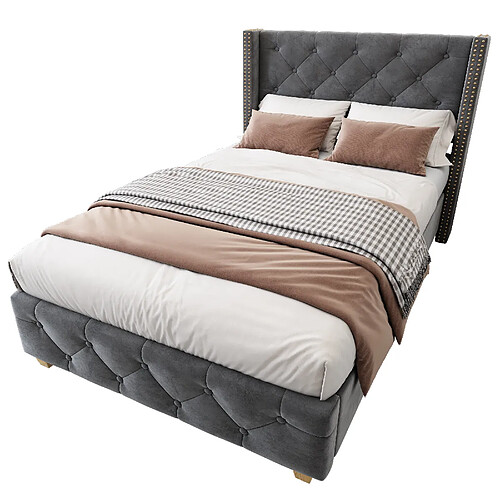 STILVORA Lit rembourré en velours gris 90×200 cm avec tête de lit capitonnée