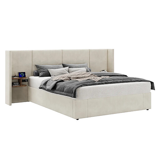 STILVORA Lit coffre rembourré velours beige 160×200 cm avec USB/prises et 2 chevets