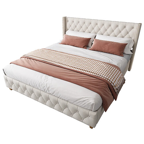 STILVORA Lit rembourré en lin beige 140×190 cm, capitonnage à boutons et rivets, sommier inclus