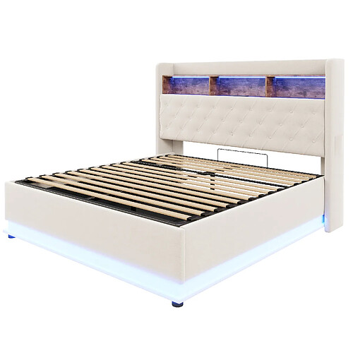 STILVORA Lit capitonné en tissu avec LED et port USB 180x200 cm, Beige