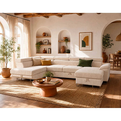 Bestmobilier Baoji - Canapé panoramique d'angle gauche 7 places convertible avec têtières et coffre en