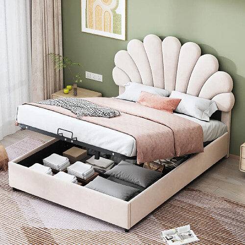 modfu Lit coffre 140x200 cm avec tête de lit réglable, en velours, beige
