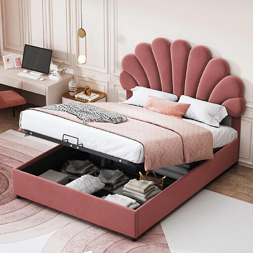 modfu Lit coffre 140x200 cm avec tête de lit réglable, en velours, rose