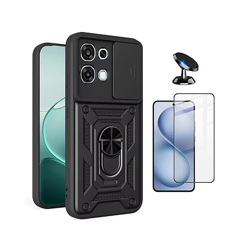 Kit De Film En Verre Trempé À Coque Complète 5D + Couvercle Coulissant De Défenseur Militaire Magnétique + Support Magnétique De Voiture PHONECARE Pour Oppo A6 Pro - Noir