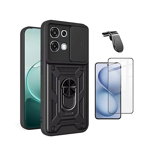 Kit De Film En Verre Trempé À Coque Complète 5D + Couvercle Coulissant De Défenseur Militaire Magnétique + Support Magnétique L De Voiture Pour Conduite Sûre PHONECARE Pour Oppo A6 Pro 4G - Noir