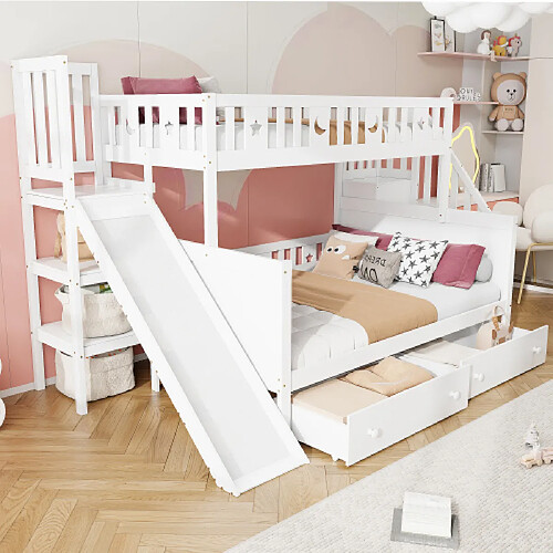 modfu Lit superposé 90x200 cm avec 2 tiroirs, en bois, blanc