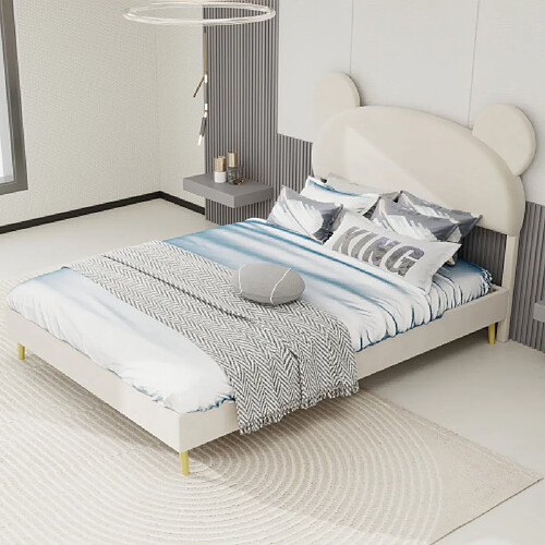 modfu Lit adulte 140x200 cm avec tête de lit, en tissu, beige
