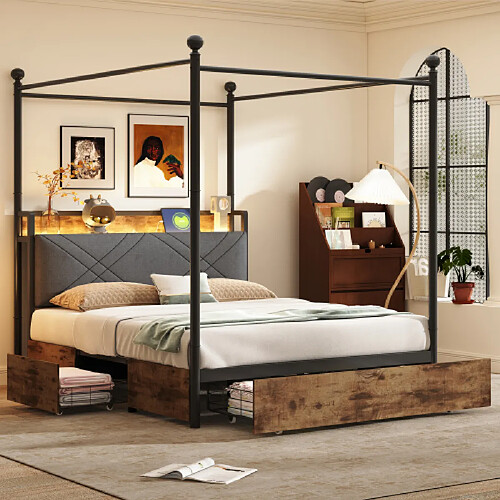 modfu Lit adulte 140x190 cm avec LED et 3 tiroirs, en métal, noir