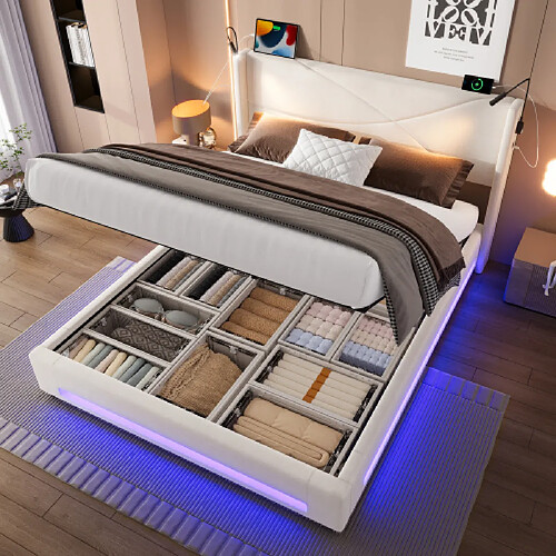 modfu Lit coffre 140x200 cm avec 2 lampes, LED et USB, en velours, beige