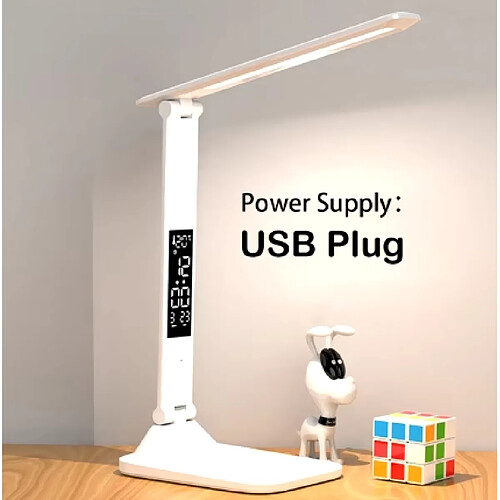 Lampe de bureau pliante USB, tactile, intensité variable, heure, température, réveil