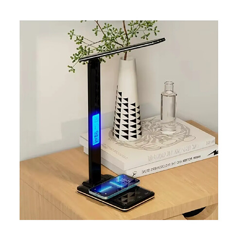 Lampe de bureau pliante 40cm, tactile, intensité variable, réveil, chargeur téléphone 15w, USB, Noir