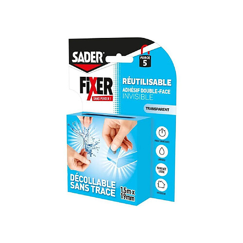 Sader Ruban adhésif double-face réutilisable transparent 1,5 m x 19 mm - réf. 66610004