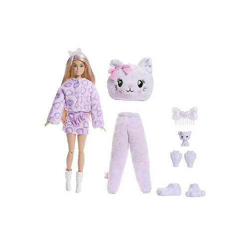 JJP64 Poupée Barbie Cutie Reveal Chat mauve articulée 10 surprises