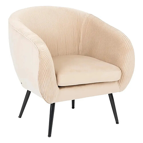 Pegane Fauteuil en velours coloris beige plissé et pieds en métal noir - Longueur 74 x Profondeur 70 x Hauteur 78 cm