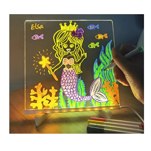 Tableau Message Lampe LED, 15X15 cm, Kit de Dessin avec 12 Marqueurs Effaçable, Support Réglable