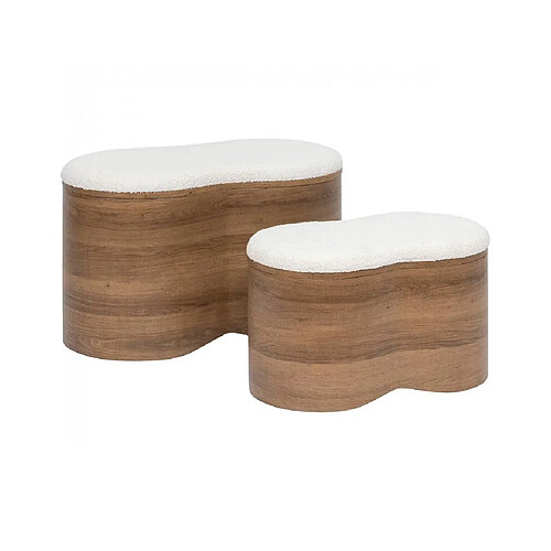 Pegane Lot de 2 bancs coffres de rangement en bois et bouclette blanche - Longueur 72 x Profondeur 45 x Hauteur 40,5 cm