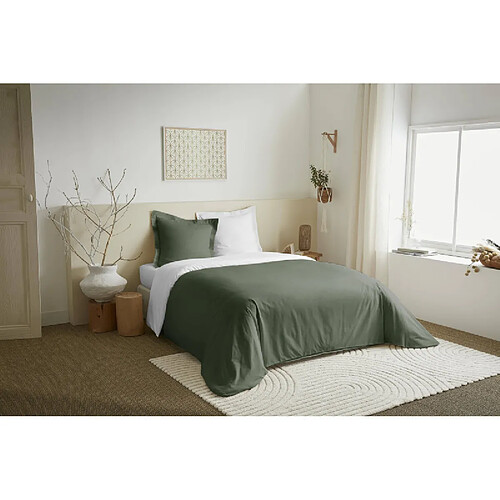 Coton Pur Parure de couette 3 Pièces réversible "Duo Premium" 260 x 240 cm King Size Romarin/Neige