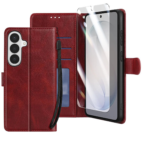 Enkay Étui Portefeuille pour Galaxy S26 avec Verre Trempé et Dragonne Bordeaux