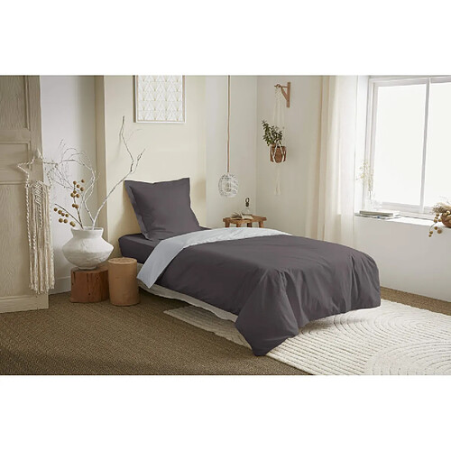Coton Pur Parure de couette 2 Pièces réversible "Duo Premium" 140 x 200 cm Ardoise/Nuage