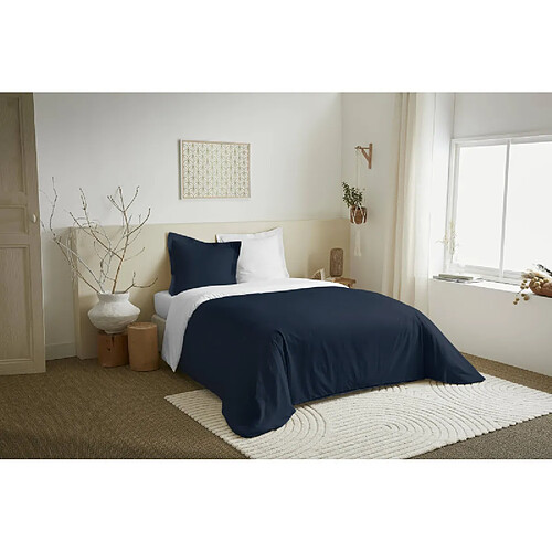 Coton Pur Parure de couette 3 Pièces réversible "Duo Premium" 240 x 220 cm Bleu Nuit/Neige