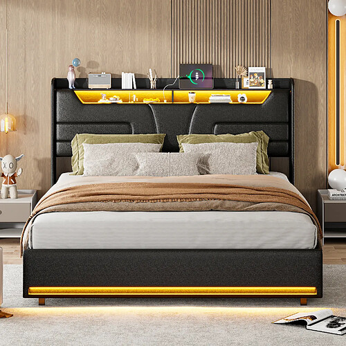 Lit rembourré - Superaly - 160x200cm - avec USB et LED - lit de rangement - noir