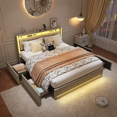 Lit double - Superaly - 160×200cm - avec éclairage LED et 4 tiroirs -Cadre à lamelles-beige