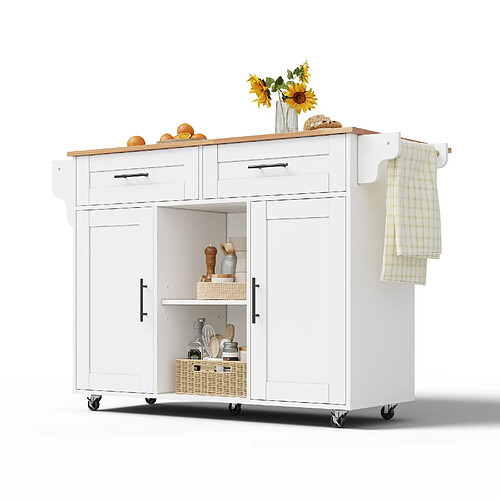 DZMDIP Buffet de cuisine mobile avec plateau rabattable, placards et étagères réglables,blanc