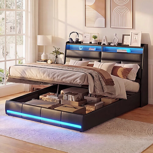 Lit double - Superaly-160×200cm-avec éclairage LED-Cadre à lames-stockage hydraulique- Noir