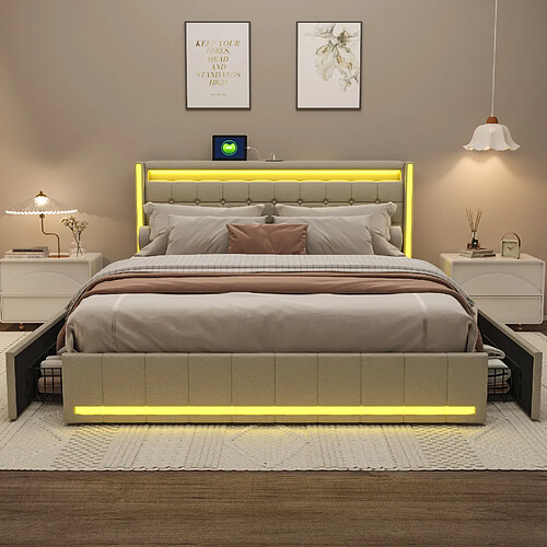 Lit double - Superaly - 180×200cm - avec éclairage LED et 4 tiroirs -Cadre à lamelles-beige
